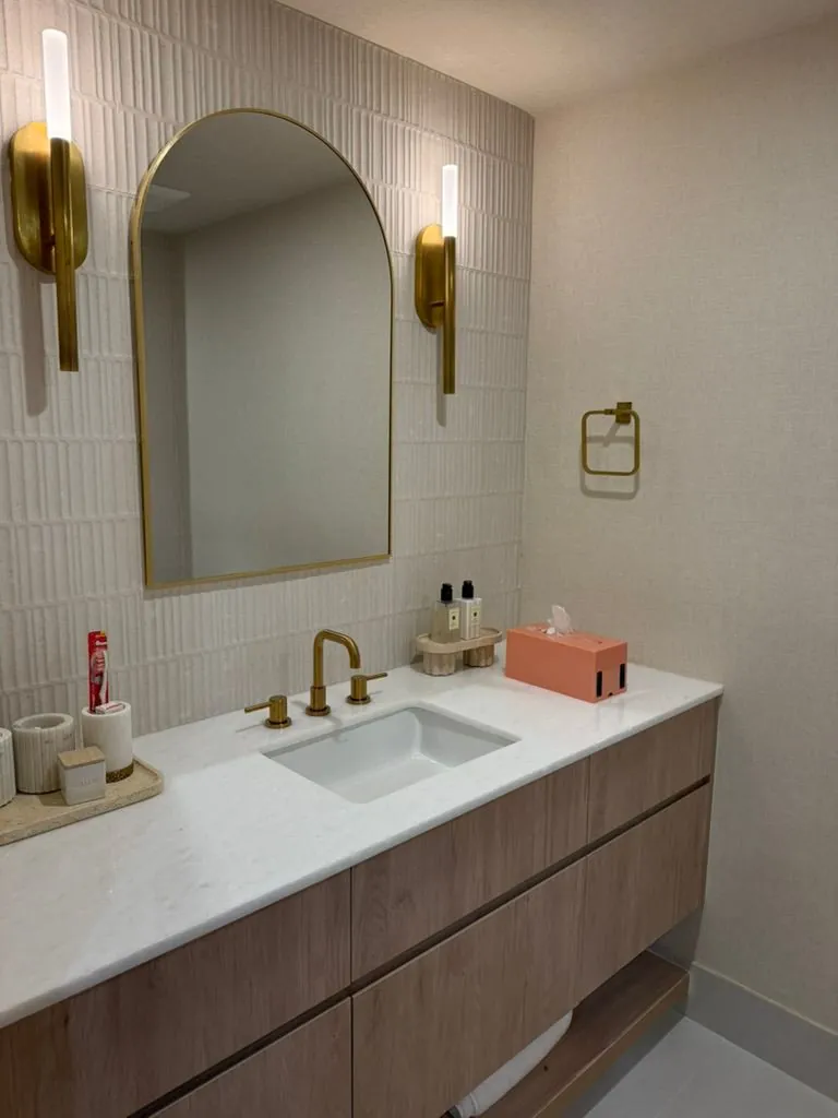 Bathroom Vanities — Floating & freestanding vanities with stone tops.